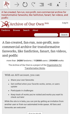 AO3 官网入口移动端页面预览，展示 AO3 网页版热门作品列表